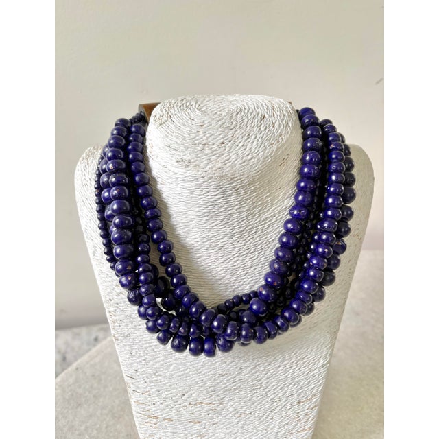 Finch, Cobalt, Blue Glass, Multi Strand, Beaded Necklace, Wood Carved Clasp.