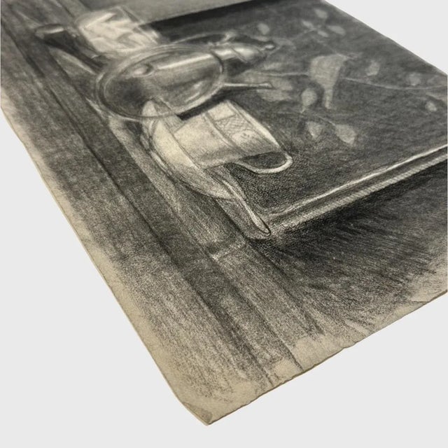 Antique French Impressionist Charcoal Still Life with Tea Pot and Bird Background. Antique charcoal tabletop still life on...