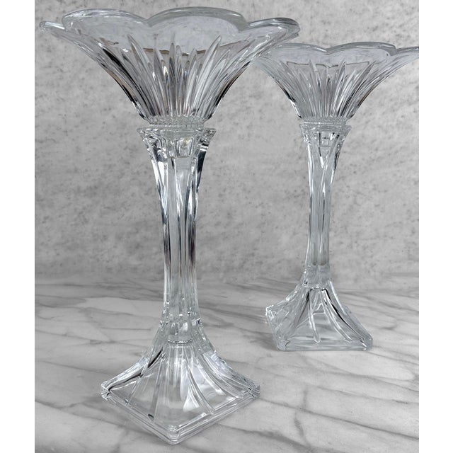 Vintage 13" Victorian Crystal Glass Lotus Flower Compote Pedestal Bowls - A Pair For Sale - Image 4 of 7