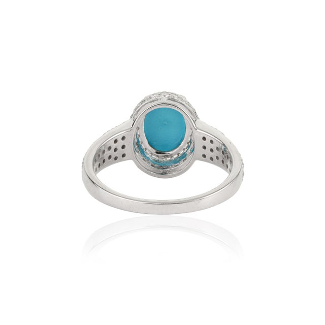 Statement 1.47 Carat Turquoise & Diamond Halo Cocktail Ring Size 4 in 14k White Gold For Sale - Image 9 of 16