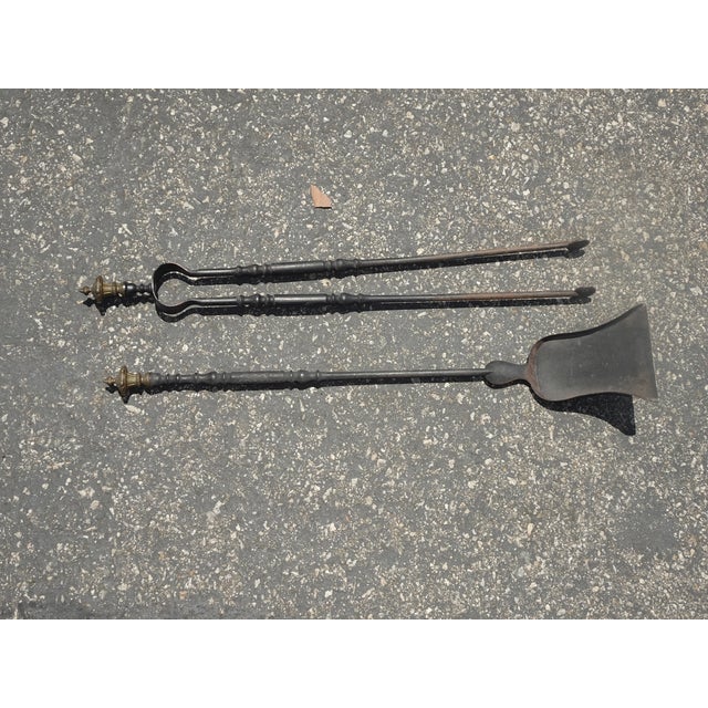 Vintage French Country Black Wrought Iron Set of Two Fireplace Tools For Sale - Image 11 of 15