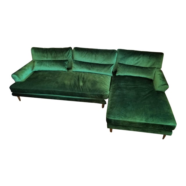 Emerald Green Velvet Sectional Sofa With Brass Legs | Chairish