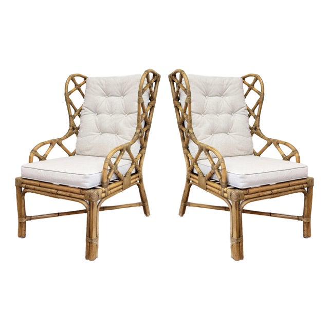 Fretwork Rattan Wingback Chairs, a Pair For Sale
