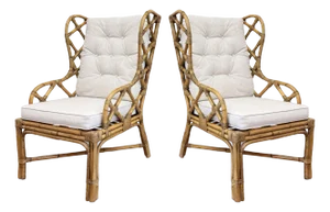 Rattan Fretwork Wingback Chairs, a Pair