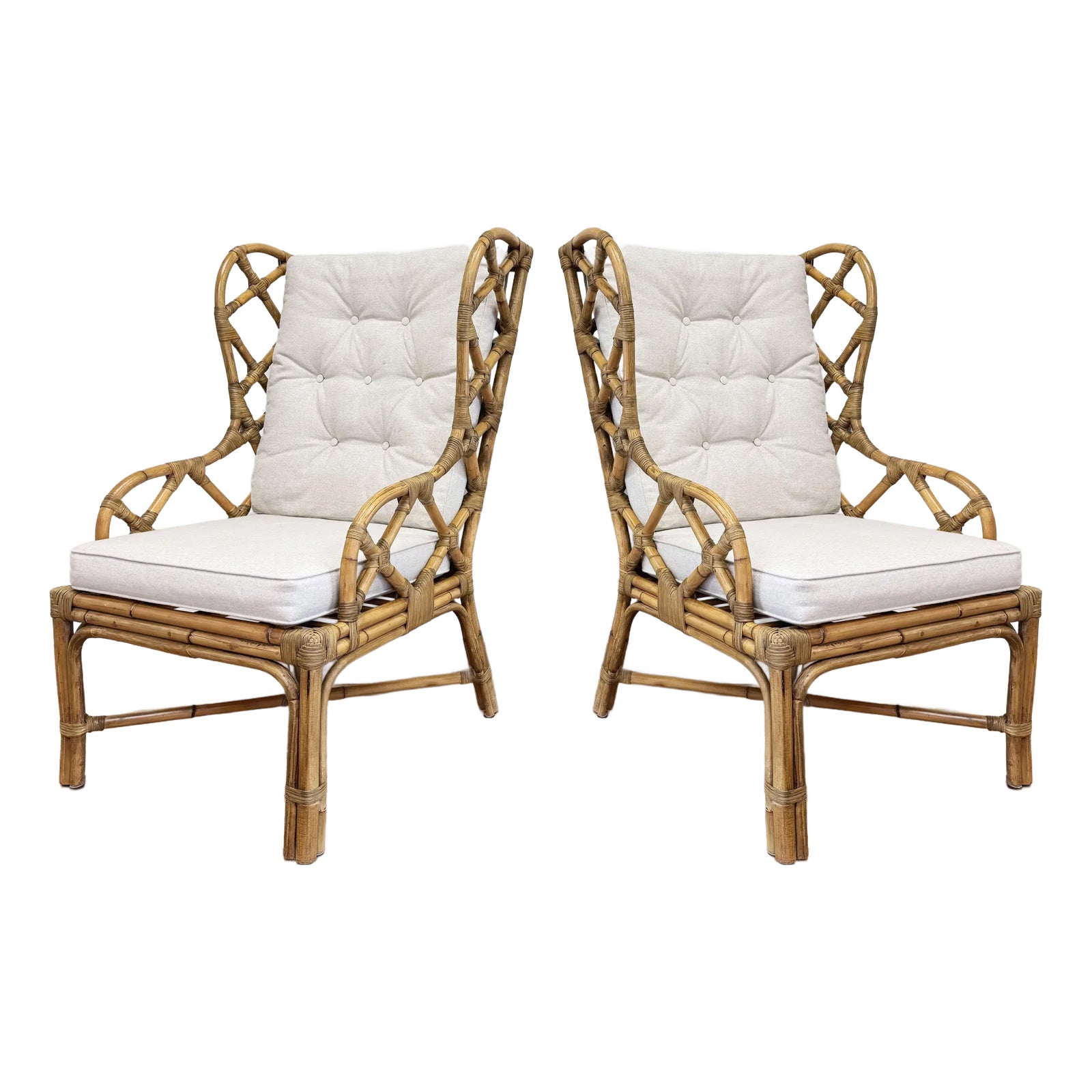 Vintage Fretwork Rattan Wingback Chairs, Pair Chairish