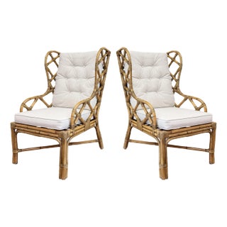 Vintage Fretwork Rattan Wingback Chairs, Pair For Sale