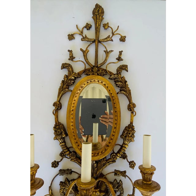 Gold Myran Allan Luxury Lighting Italian Gold Carved Wood and Mirror Wall Sconces Pair For Sale - Image 8 of 9
