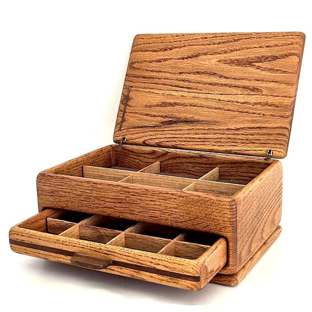 1970s American Craftsman Oak Wood Jewelry Box With Drawer For Sale - Image 12 of 16