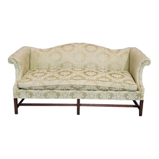 Late 20th Century Chippendale Style Mahogany Sofa Green Silk Damask Fabric Made in North Carolina For Sale
