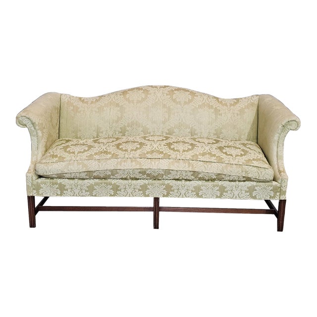 Late 20th Century Chippendale Style Mahogany Sofa Green Silk Damask Fabric Made in North Carolina For Sale