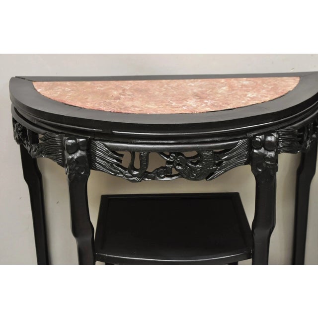 Wood Vintage Chinese Chinoiserie Black Demilune Pink Marble Console Table - A Pair For Sale - Image 7 of 11