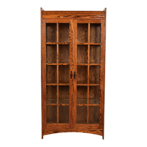 Gustav Stickley Style Mission Oak Arts and Crafts Lighted Bookcase Cabinet