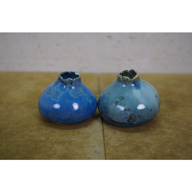 2 Vintage Blue Glazed Gourd Shaped Pinch Pot Pottery Bud Vases 2" For Sale - Image 4 of 14
