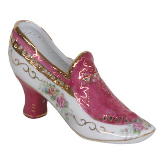 Limoges China Porcelain Shoe Figurine Pink Hand Painted Flowers Gold Trim 4980b For Sale