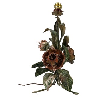 Hollywood Regency Style Green and Red Painted Toleware Flower Table Lamp, 1970s For Sale