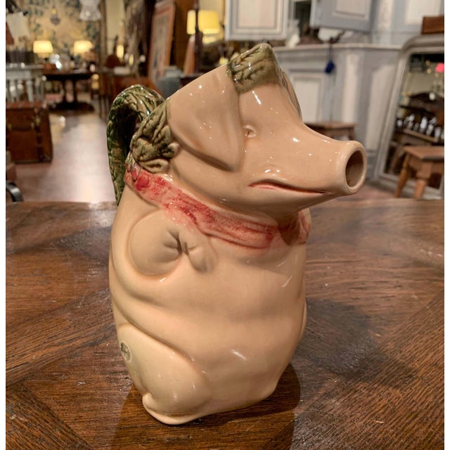 Early 20th Century 19th Century French Hand Painted Ceramic Barbotine Pig Pitcher Onnaing Style For Sale - Image 5 of 11
