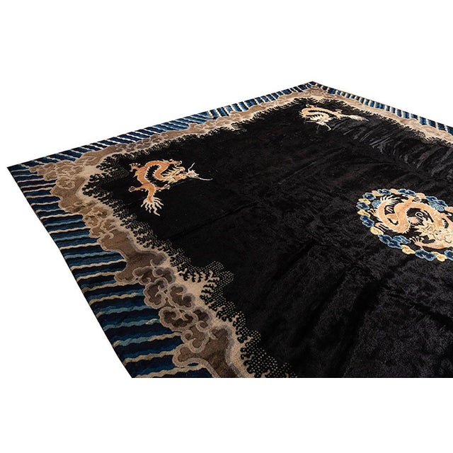 Chinese 1920s Black Dragon Antique Chinese Peking Rug Handknotted Wool Carpet For Sale - Image 3 of 6