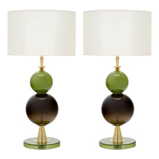 Venetian Blown Glass Lamps, Green, Murano Italy - a Pair For Sale