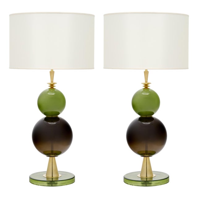 Venetian Blown Glass Lamps, Green, Murano Italy - a Pair For Sale