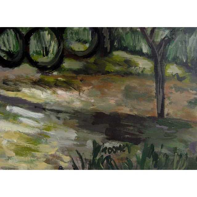 Vintage circa 1990's Impressionist farmhouse landscape oil on heavy paper painting. Signed "Toomey" lower right. Unframed....