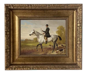 "A Huntsman With Horse and Hounds" Contemporary Reproduction Print on Canvas After Adam Emil, Framed