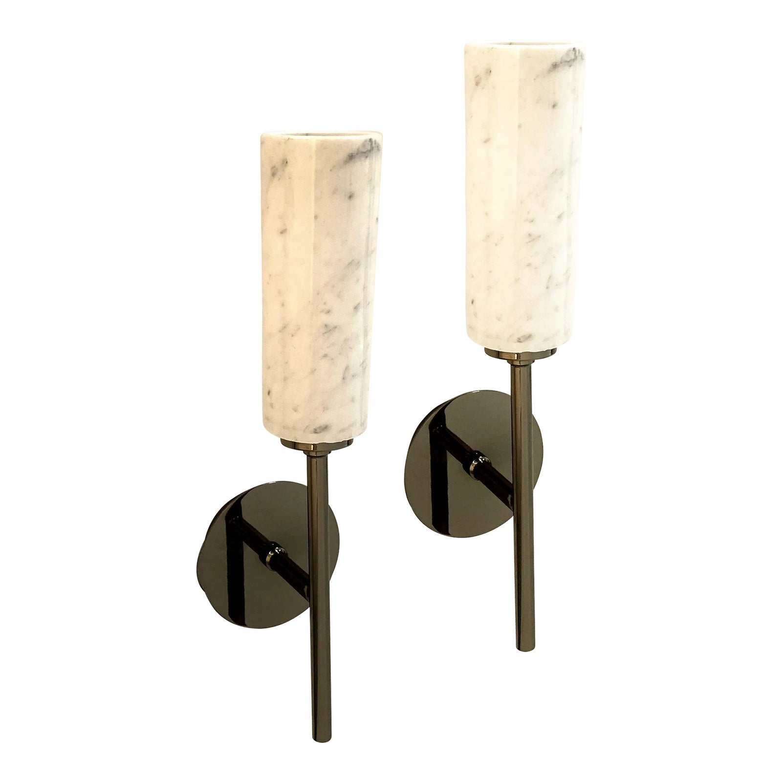 Set of Two Contemporary Black Nickel Carrara Marble Wall Sconces | Chairish