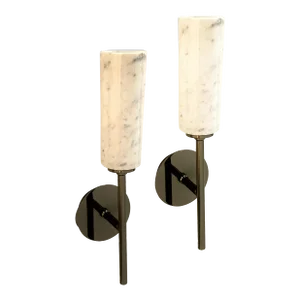 Set of Two Contemporary Black Nickel Carrara Marble Wall Sconces