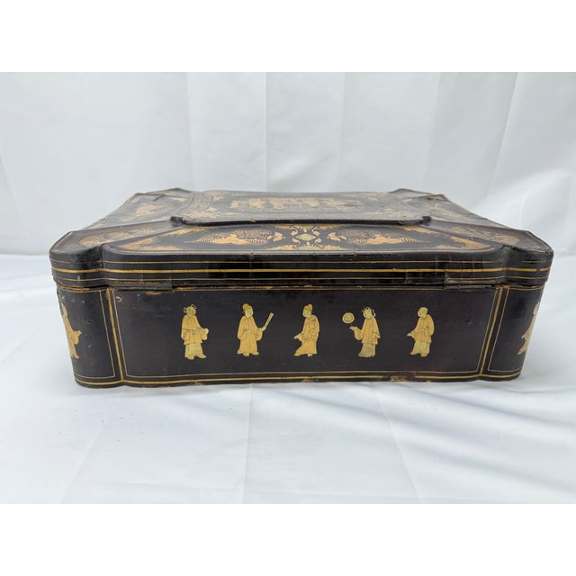Large Chinese Export Black Lacquer & Gilt Decorated Sewing Box C. 1860 For Sale - Image 9 of 10