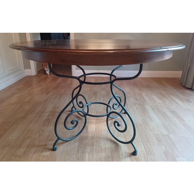 Ethan Allen Refinished Round Dining Table With Iron Metal Base & Leaf