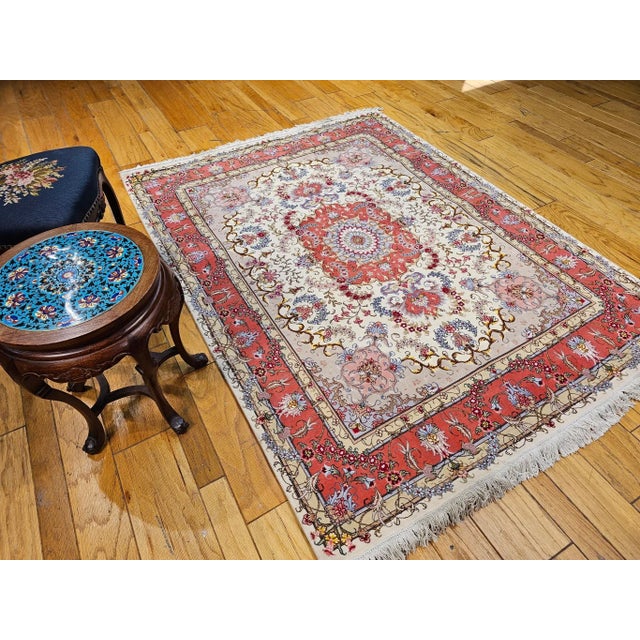 Persian Vintage Persian Tabriz Area Rug, Handwoven Floral Pattern With Silk, Ivory & Salmon, 5’ X 7’ For Sale - Image 3 of 12