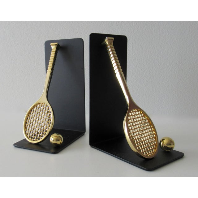C.1980's Brass Tennis Racket & Ball Bookends With Black Satin Metal Backs -Made Exclusively for Lord & Taylor For Sale - Image 13 of 13