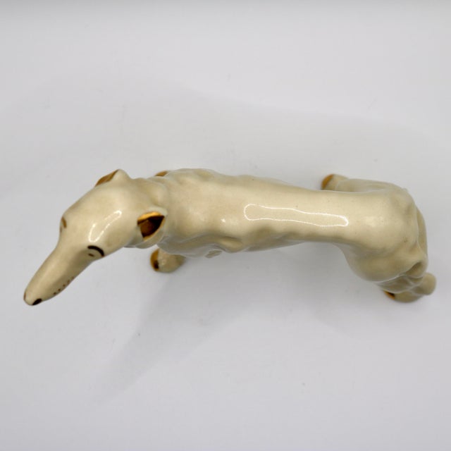 Mid 20th Century Mid-Century Modern White Glazed Ceramic Greyhound Figurine With Gold Accents For Sale - Image 5 of 9