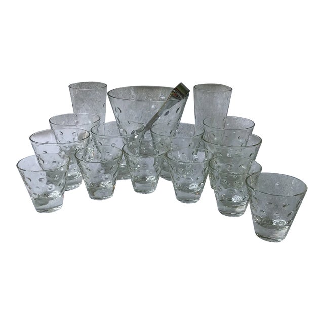 Vintage Hazel Atlas Clear Dots Glass Ice Bucket With Tongs, 3 Tumblers,6 Rocks, and 6 Shot Glasses-Set of 17 For Sale