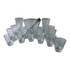 Vintage Hazel Atlas Clear Dots Glass Ice Bucket With Tongs, 3 Tumblers,6 Rocks, and 6 Shot Glasses-Set of 17