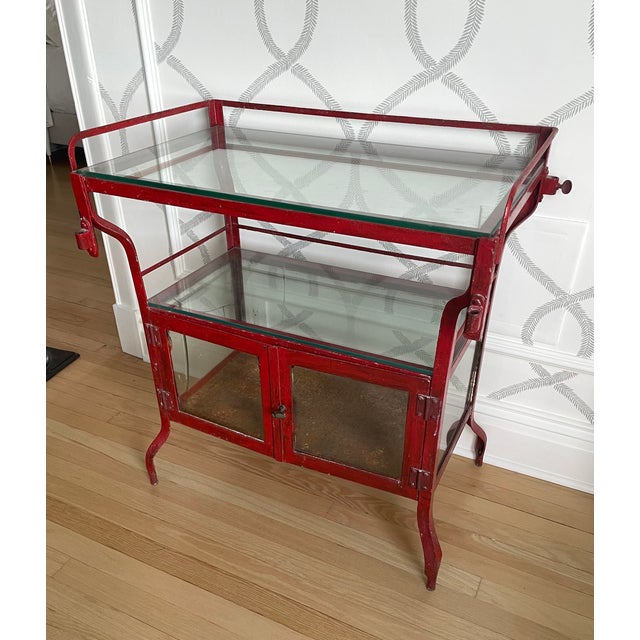 Unique, super cool iron (painted red) and glass medical cabinet. Late 19th - early 20th century, Industrial/Eiffel Tower...