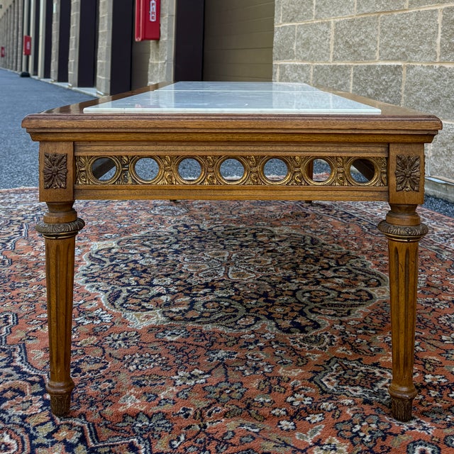 Brown Vintage Gordon's Fine Furniture French Louis XVI Walnut Coffee Table With Italian Marble Inserts For Sale - Image 8 of 16