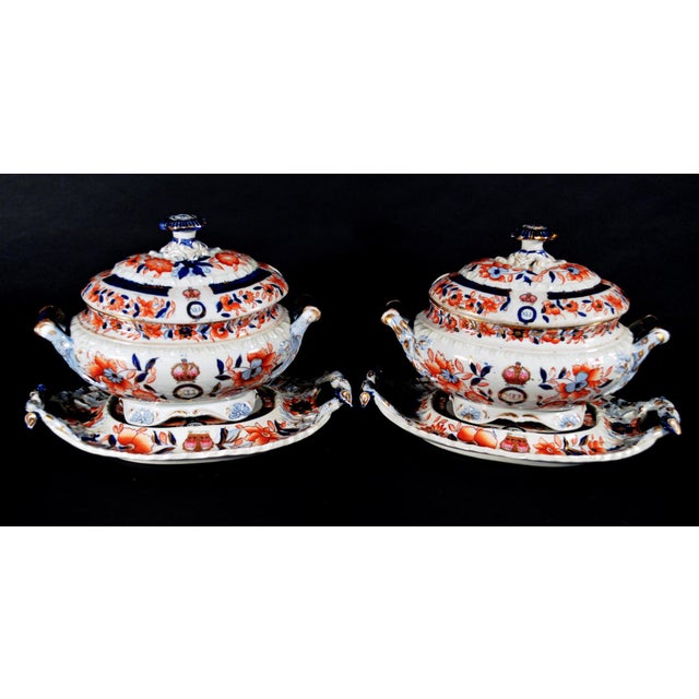 Hicks & Meigh Imari Ironstone Armorial Sauce Tureens and Stands, Pair, Circa 1815 Few pieces bring as much color and as...