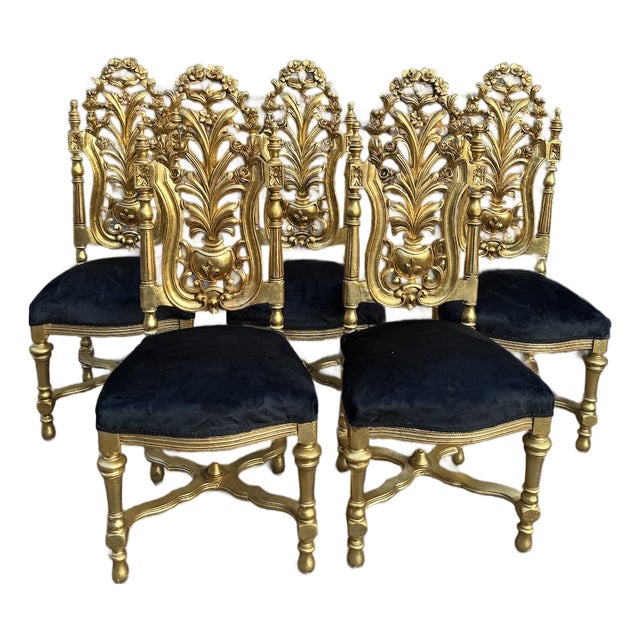 1900 Italian Rococo Gold Beech Black Velvet Dining Chairs - Set of 6 Pc For Sale