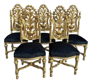 1900 Italian Rococo Gold Beech Black Velvet Dining Chairs - Set of 6 Pc