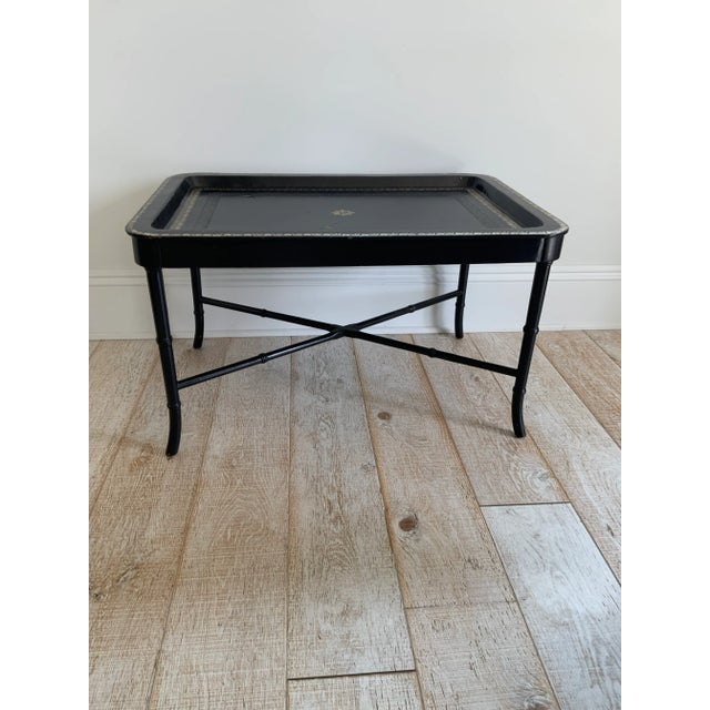 Traditional Maitland-Smith Black Leather Tray Table With Black Faux Bamboo Base For Sale - Image 3 of 9