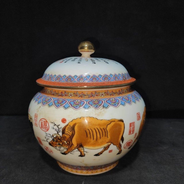 Pair of Chinese Famille Rose Porcelain Covered Jars With Five Oxen Motif For Sale - Image 4 of 9