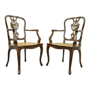 Late 20th Century Vintage Italian Venetian Style Cherry Wood Cane Seat Arm Chairs - a Pair