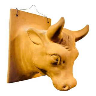 Vintage Rustic Terra Cotta Cow Relief Sculpture For Sale