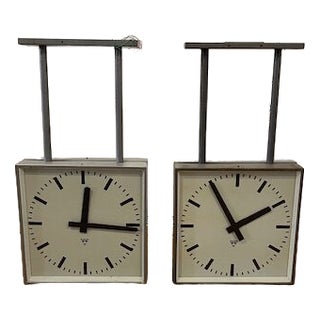 Vintage Double Sided Square Train Station Clock from Pragotron For Sale