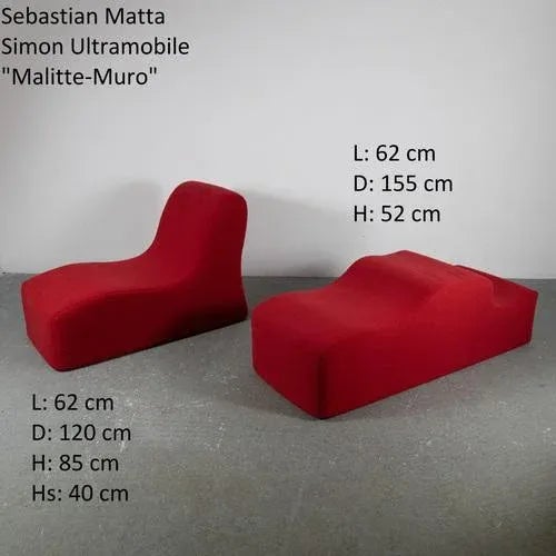 Set of two elements – armchair/lounge chair and bench – in polyurethane with new red fabric upholstery part of the Malitte...