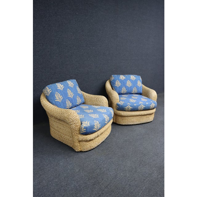 Coastal Pair of Custom Wicker Swivel Lounge Chairs Attributed to Century Furniture, 1980s For Sale - Image 3 of 13