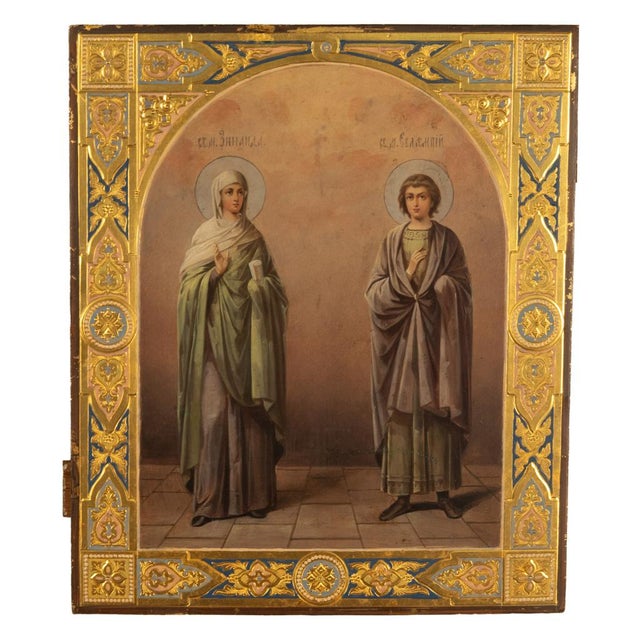 Religious Antique 19th Century Russian Icon Egg Tempera Gilded St. Pelagia St. James For Sale - Image 3 of 12