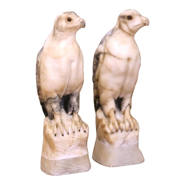 Pair of 19th Century French Carved Marble Eagle Sculptures With Glass Eyes For Sale
