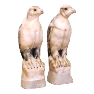 Pair of 19th Century French Carved Marble Eagle Sculptures With Glass Eyes