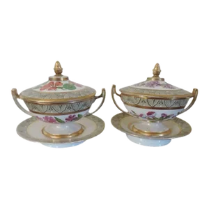 1805 English Coalport Botanical Porcelain Tureens with Covers & Under Plates - A Pair